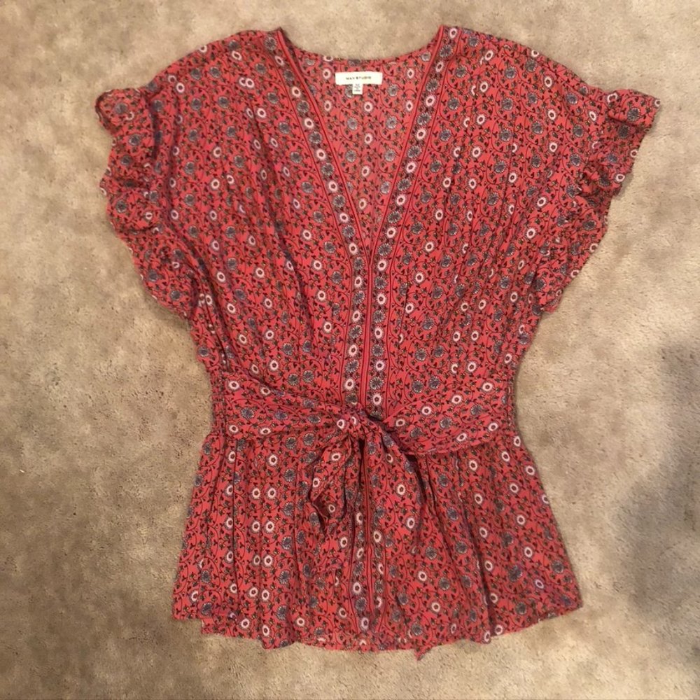 Max Studio Red, Black, Yellow White Print Flowy Blouse